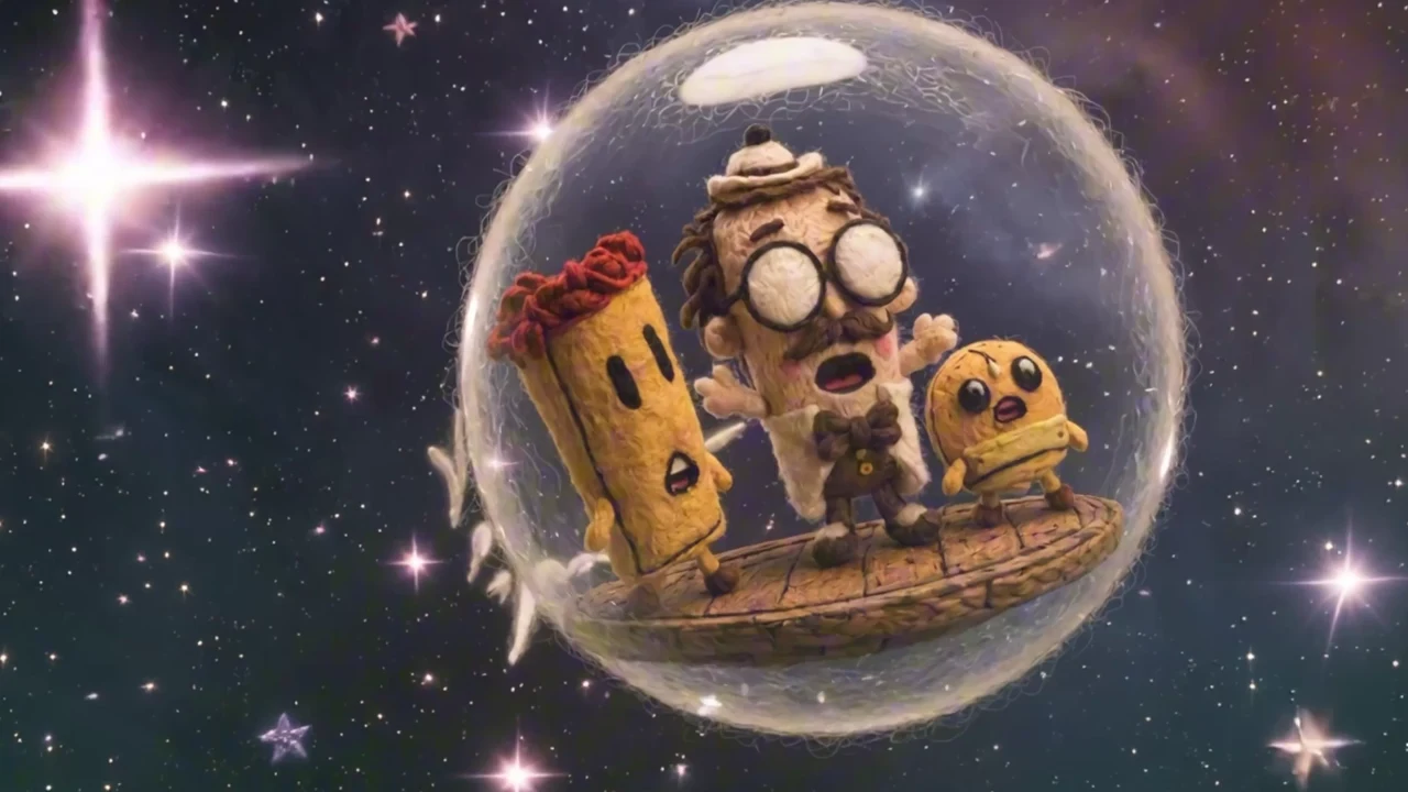 Little Chicken, Herman and Professor Pesto in a floating space bubble